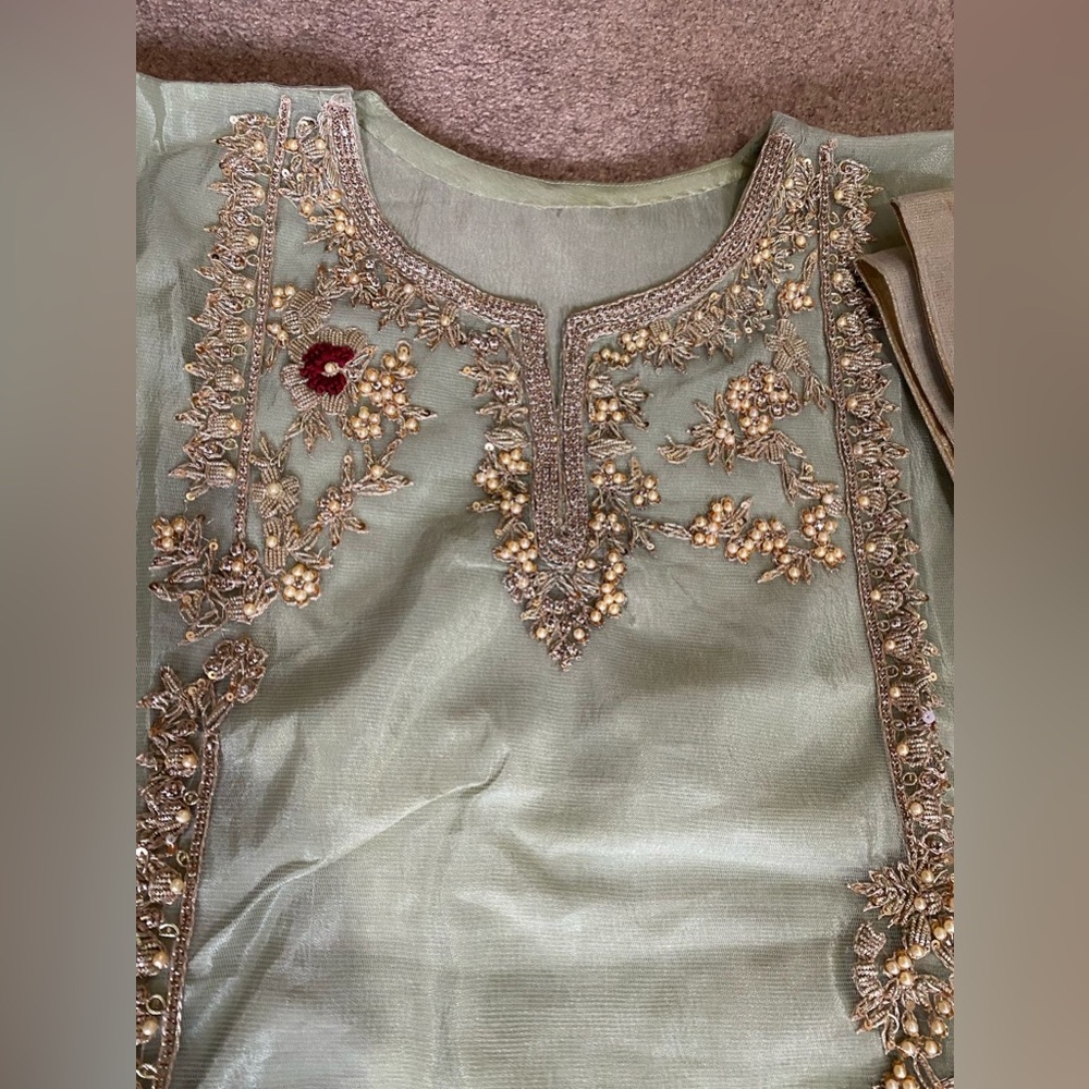 Pakistani 3 pieces net dress with handmade work kora dabka and pearls work